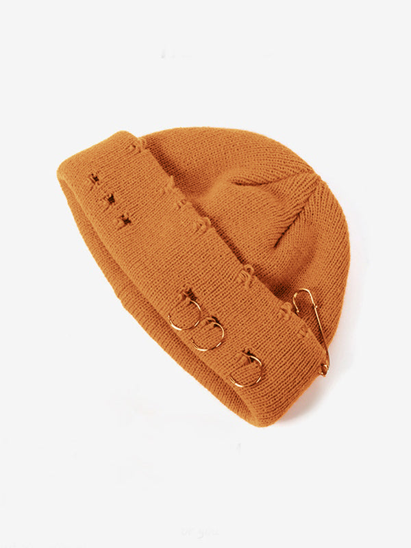 Safety Pin Distressed Knitted Beanie Hat