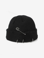 Safety Pin Distressed Knitted Beanie Hat