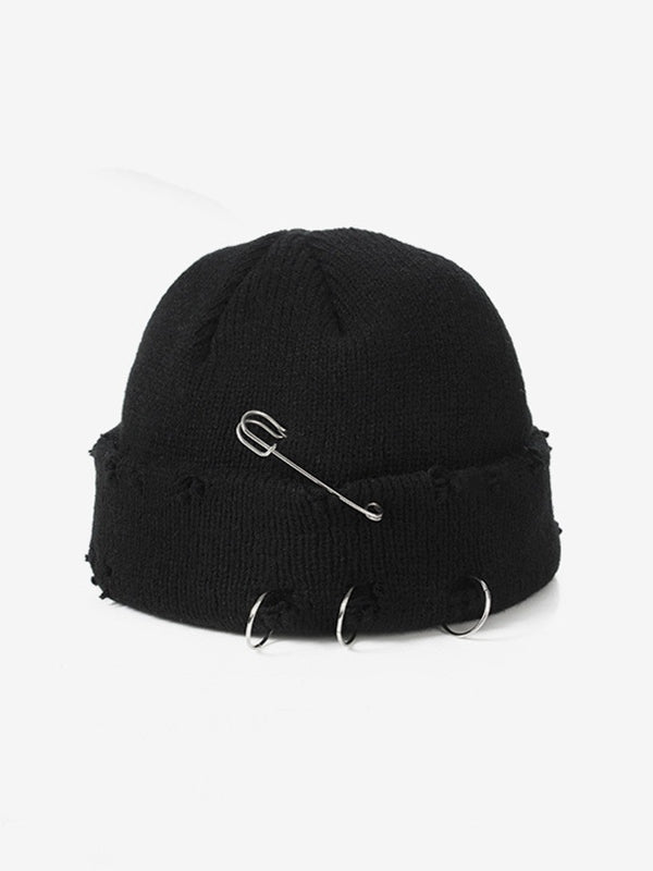 Safety Pin Distressed Knitted Beanie Hat