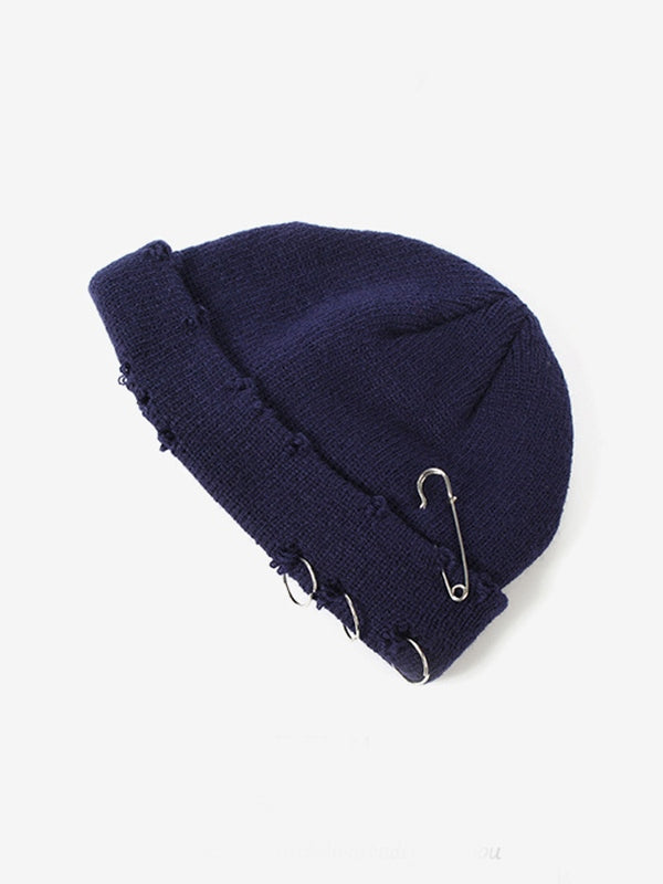 Safety Pin Distressed Knitted Beanie Hat