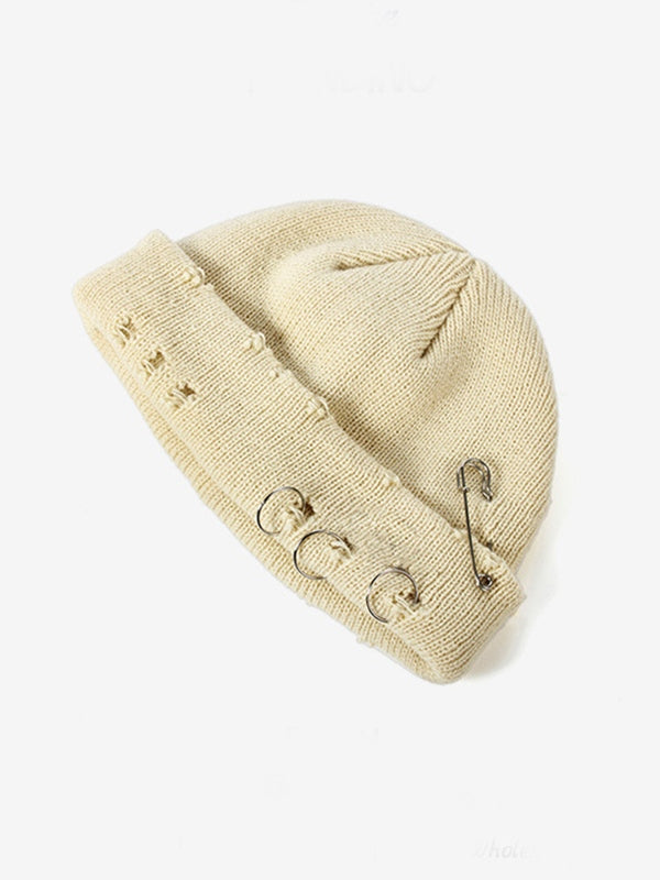 Safety Pin Distressed Knitted Beanie Hat