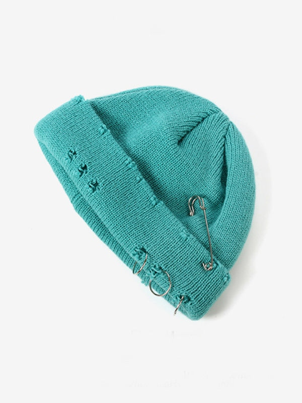 Safety Pin Distressed Knitted Beanie Hat