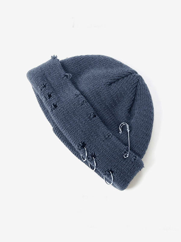 Safety Pin Distressed Knitted Beanie Hat
