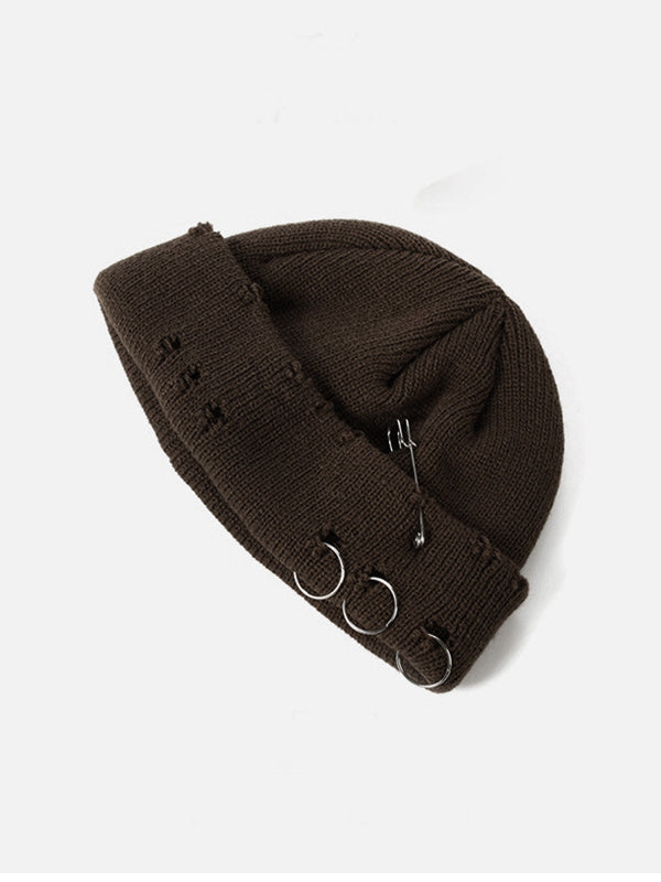Safety Pin Distressed Knitted Beanie Hat
