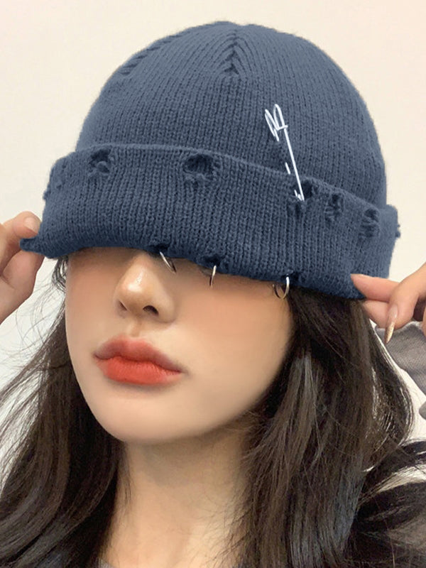 Safety Pin Distressed Knitted Beanie Hat