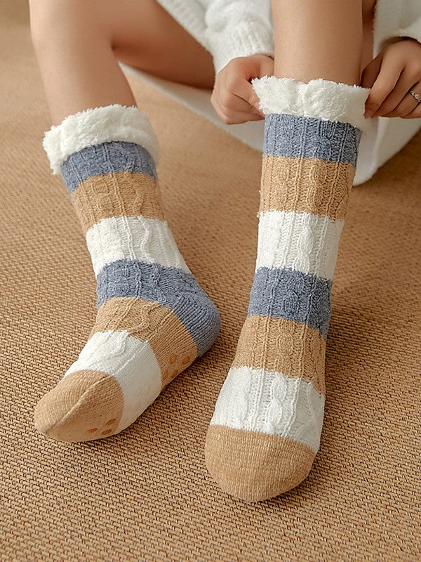 Color Block Striped Fleece Lined Home Socks