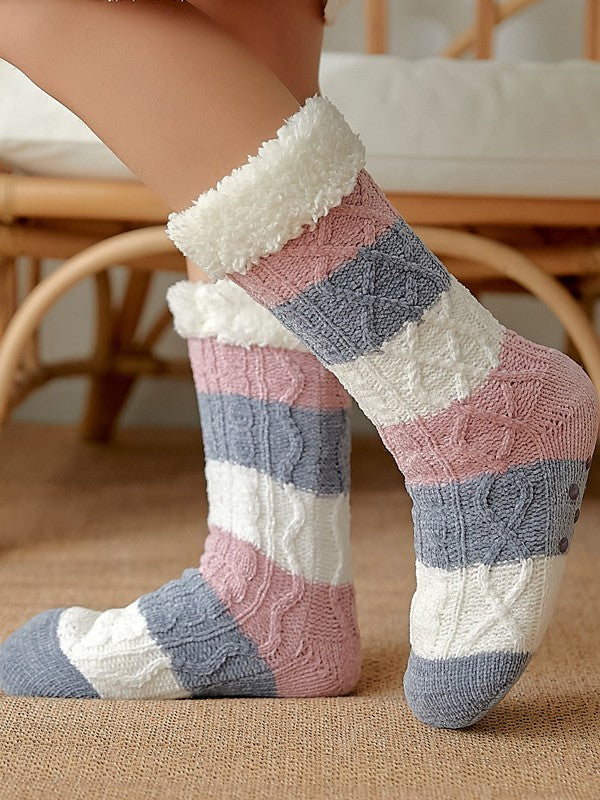 Color Block Striped Fleece Lined Home Socks