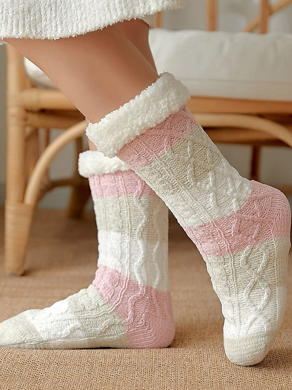 Color Block Striped Fleece Lined Home Socks