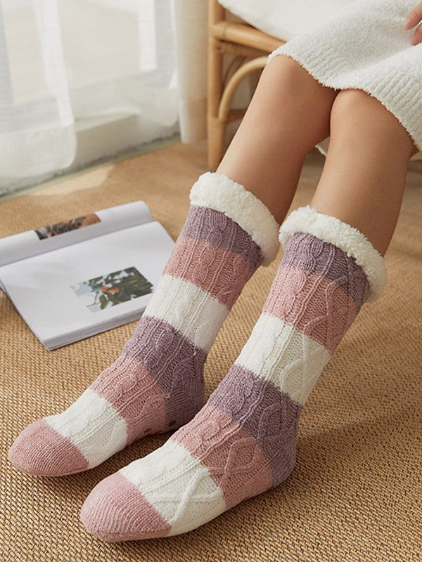 Color Block Striped Fleece Lined Home Socks