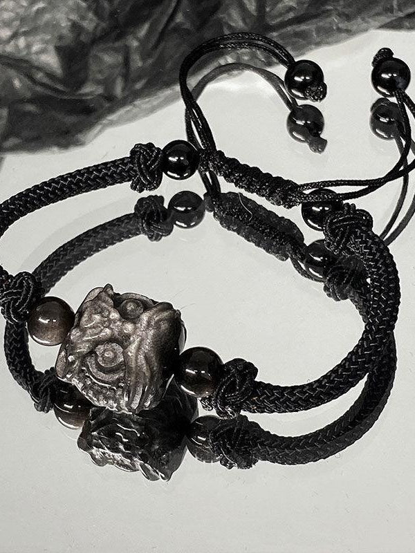 Black Lion Pendant Braided Rope Bracelet