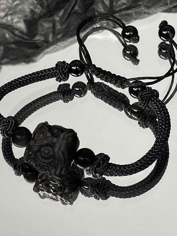 Black Lion Pendant Braided Rope Bracelet