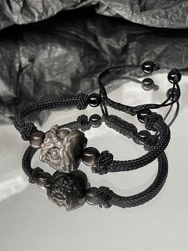 Black Lion Pendant Braided Rope Bracelet