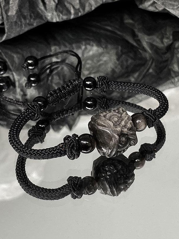 Black Lion Pendant Braided Rope Bracelet