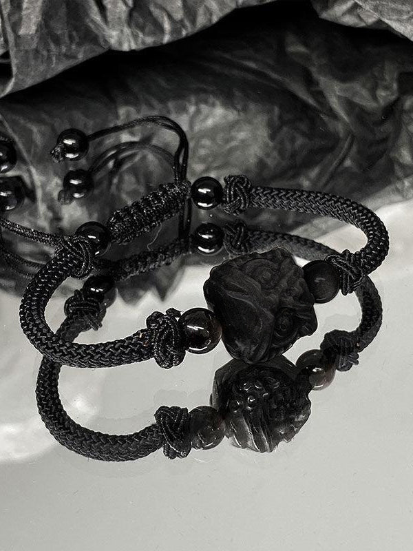 Black Lion Pendant Braided Rope Bracelet