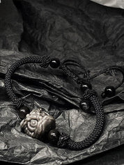 Black Lion Pendant Braided Rope Bracelet