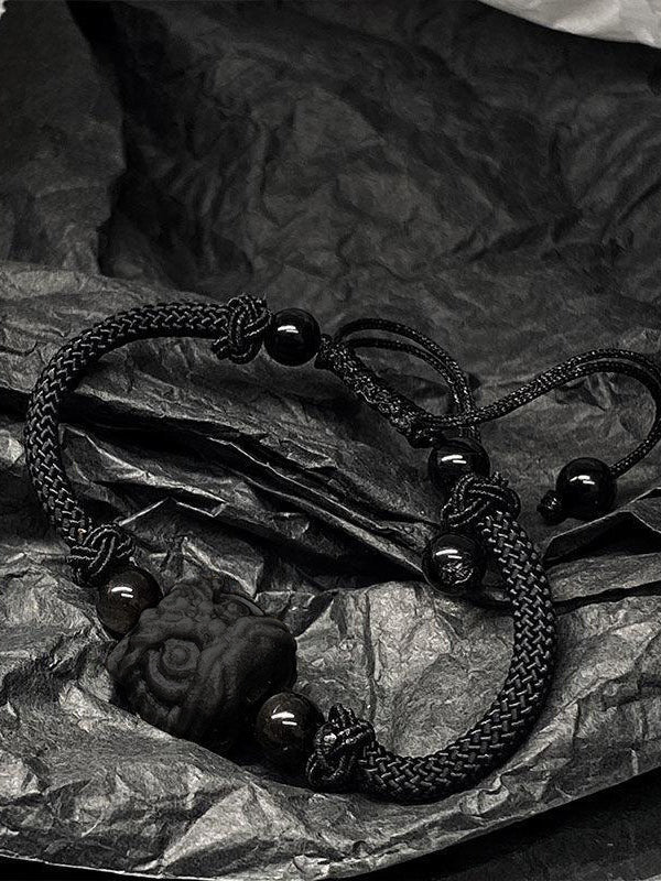 Black Lion Pendant Braided Rope Bracelet