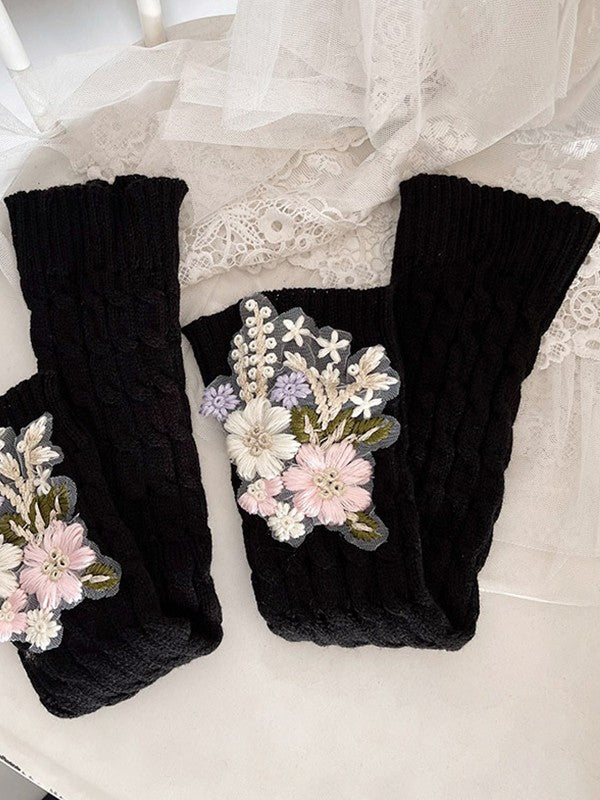 Floral Embroidery Cable Knit Leg Warmer