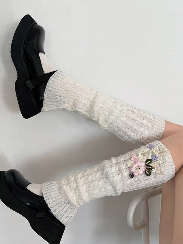 Floral Embroidery Cable Knit Leg Warmer