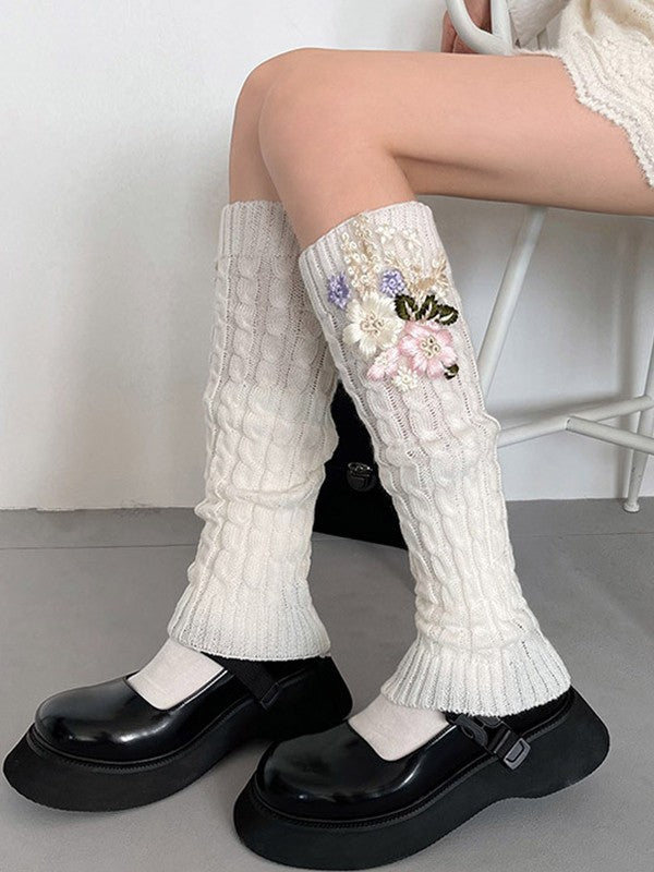 Floral Embroidery Cable Knit Leg Warmer