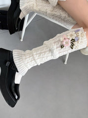 Floral Embroidery Cable Knit Leg Warmer