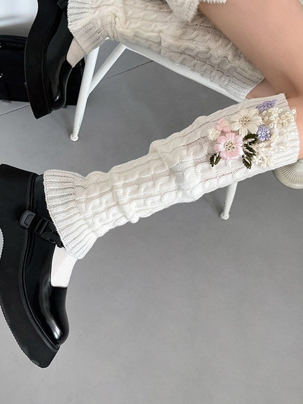 Floral Embroidery Cable Knit Leg Warmer