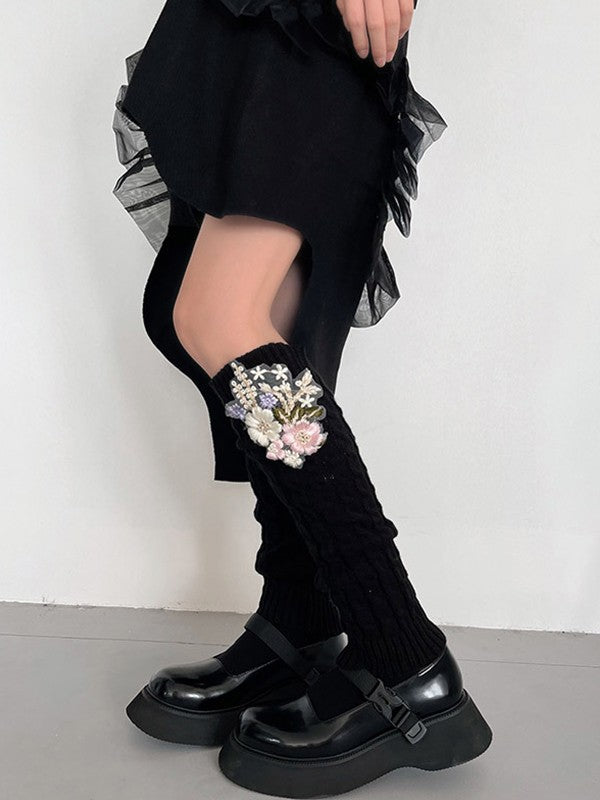 Floral Embroidery Cable Knit Leg Warmer