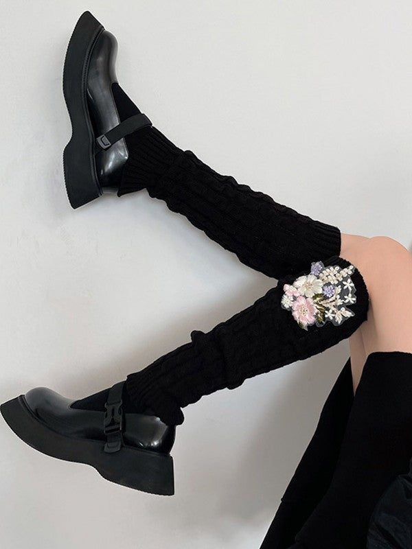 Floral Embroidery Cable Knit Leg Warmer