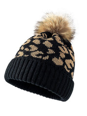 Pompom Leopard Knitted Beanie Hat
