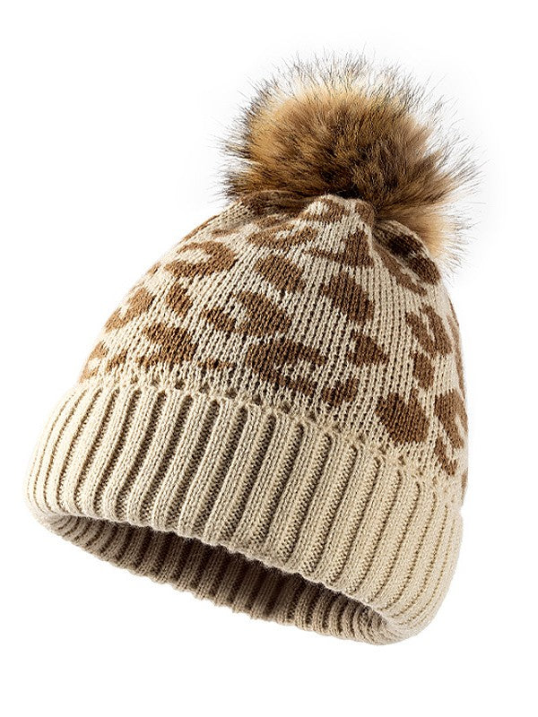 Pompom Leopard Knitted Beanie Hat