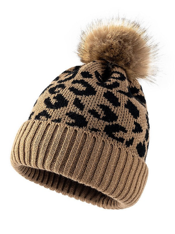 Pompom Leopard Knitted Beanie Hat