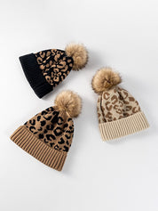 Pompom Leopard Knitted Beanie Hat