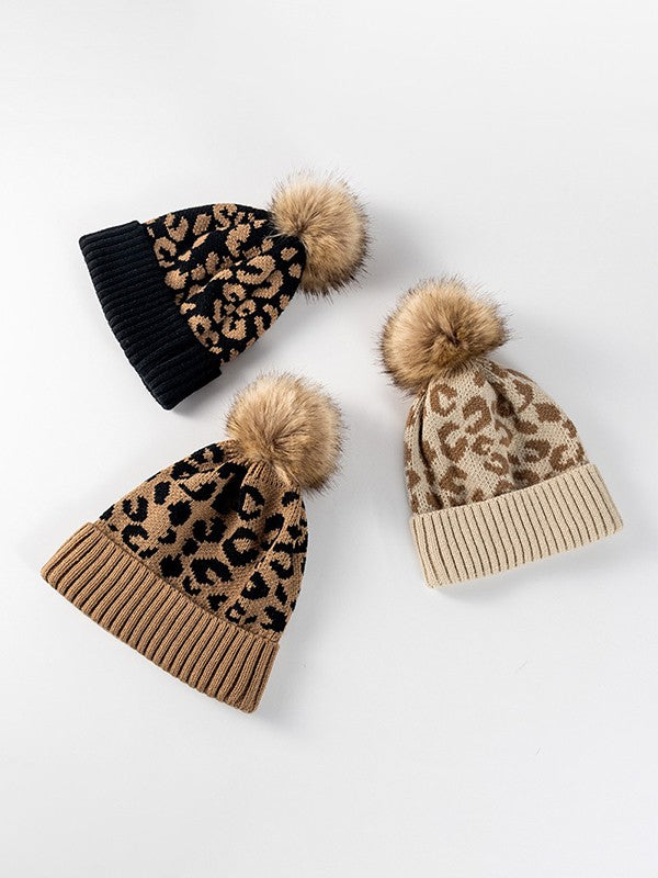 Pompom Leopard Knitted Beanie Hat