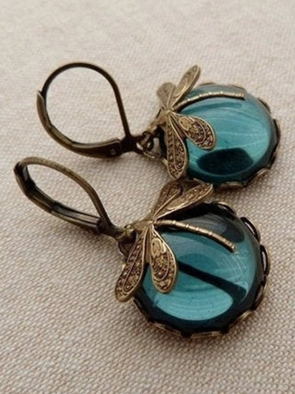 Vintage Dragonfly Stone Pendant Hoop Earrings