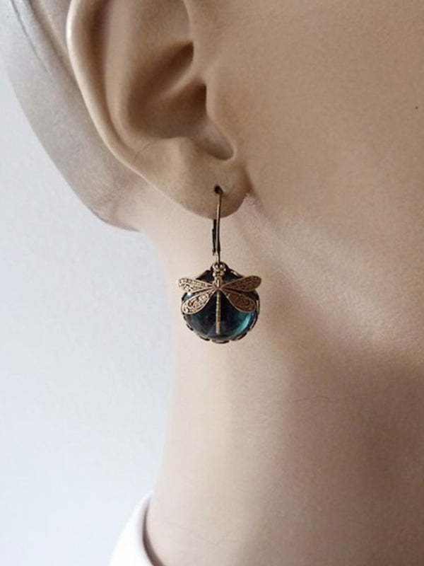 Vintage Dragonfly Stone Pendant Hoop Earrings