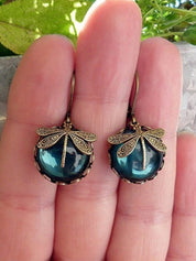 Vintage Dragonfly Stone Pendant Hoop Earrings