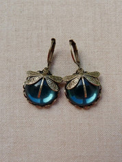 Vintage Dragonfly Stone Pendant Hoop Earrings