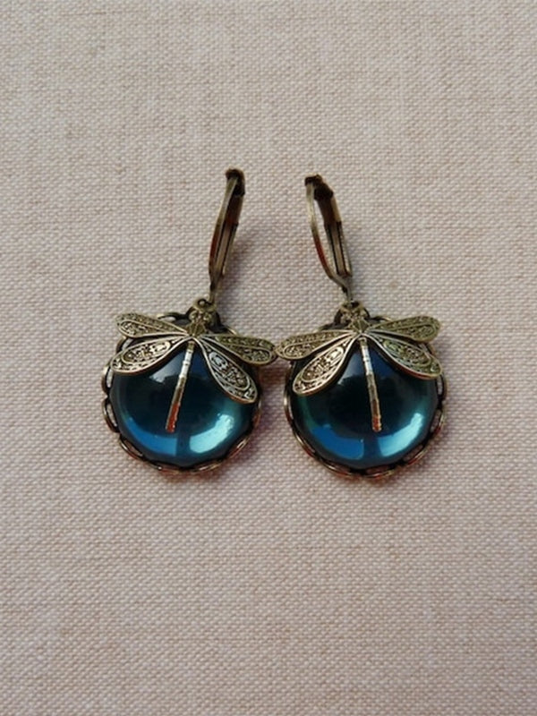 Vintage Dragonfly Stone Pendant Hoop Earrings