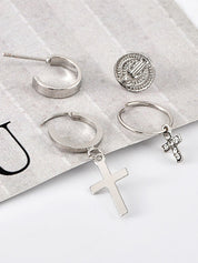 4pcs Silver Cross Hoop Earring Set