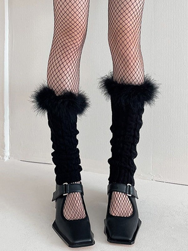 Fuzzy Trim Cable Knit Socks