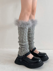 Fuzzy Trim Cable Knit Socks