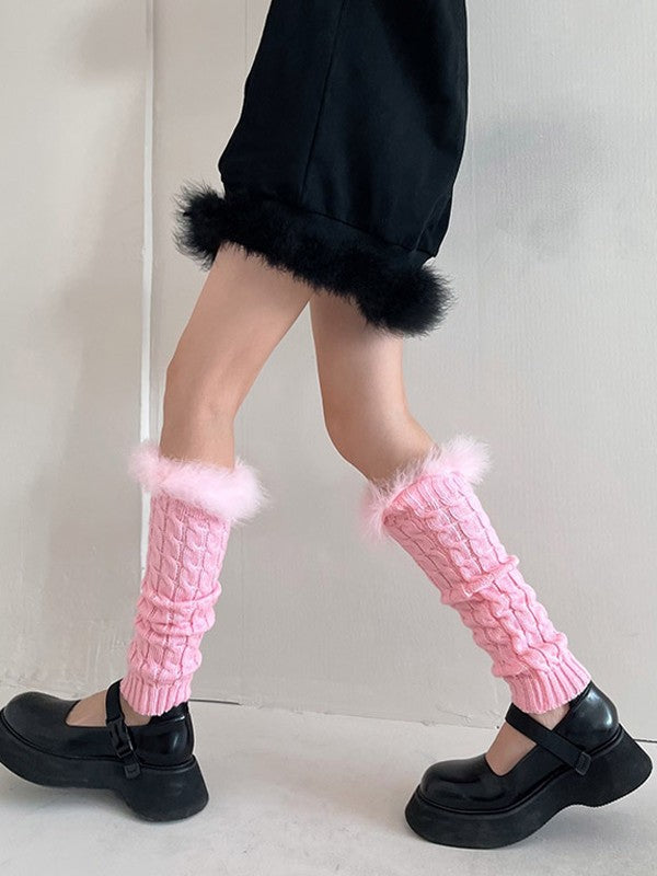 Fuzzy Trim Cable Knit Socks