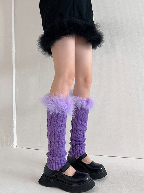 Fuzzy Trim Cable Knit Socks
