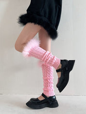 Fuzzy Trim Cable Knit Socks