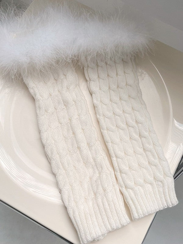 Fuzzy Trim Cable Knit Socks