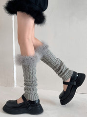 Fuzzy Trim Cable Knit Socks