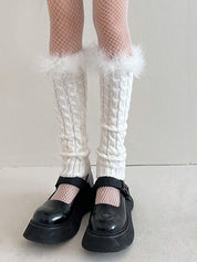 Fuzzy Trim Cable Knit Socks