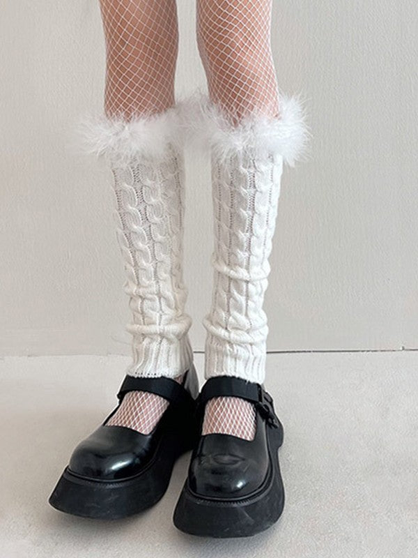 Fuzzy Trim Cable Knit Socks