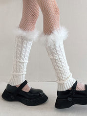 Fuzzy Trim Cable Knit Socks