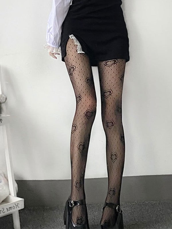 Black Heart Pattern Fishnet Tights