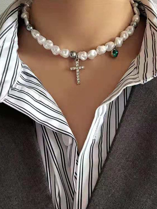 Rhinestone Cross Pendant Faux Pearl Choker Necklace